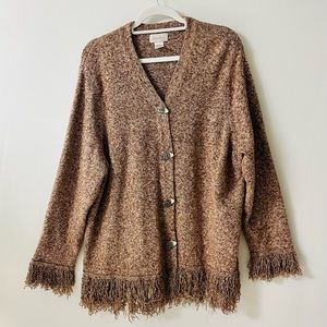 Studio Works Womens Cardigan Sweater Buttons Long Sleeve Fringe Brown Size 2X